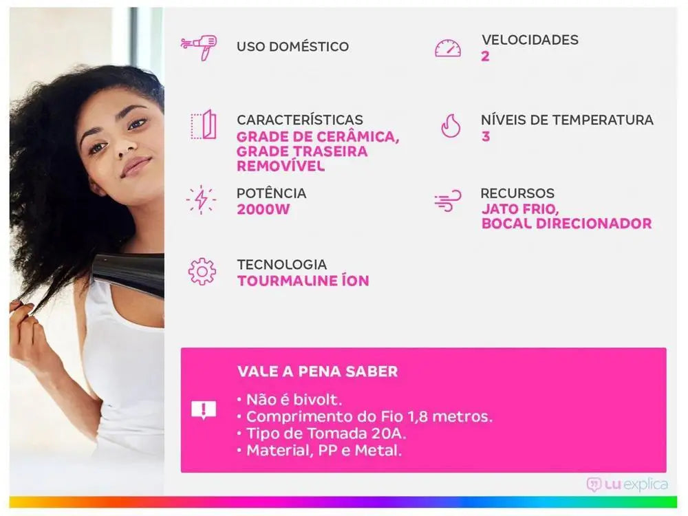 Secador de Cabelo Mondial Tourmaline Íon Preto - 220V